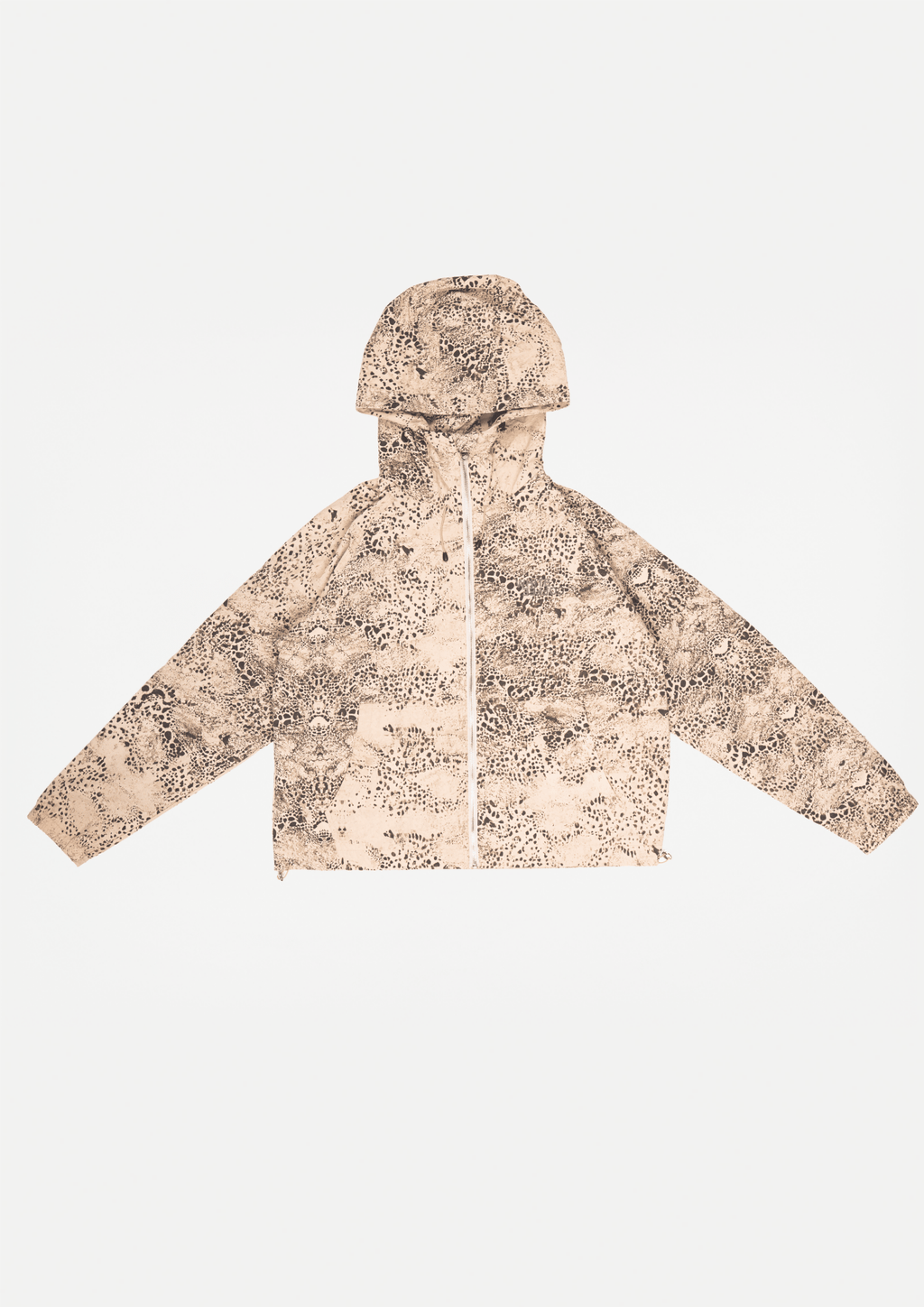 Beige digital print windbreaker with hood and full-length front zipper, long sleeves