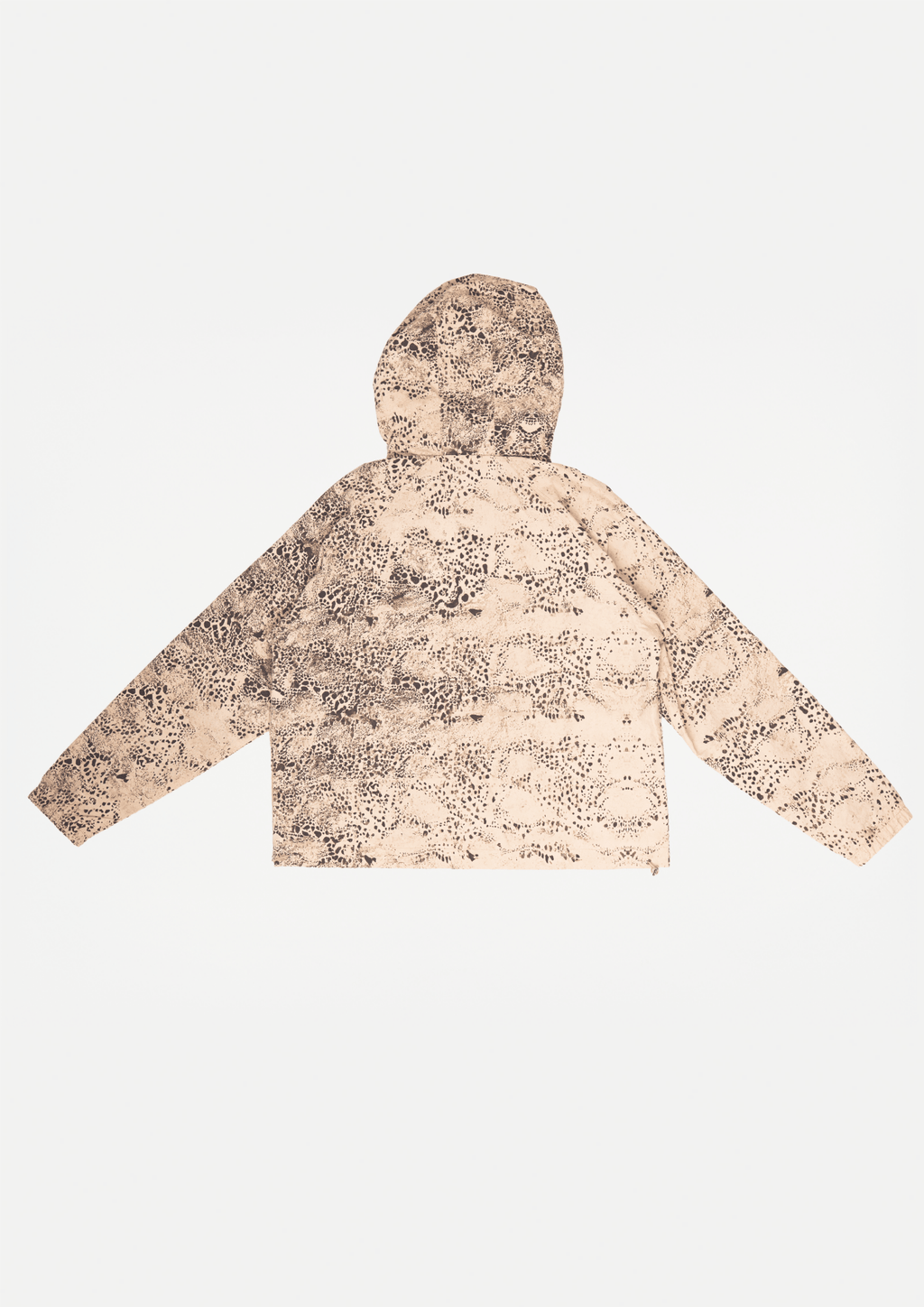 Beige digital print windbreaker with hood, full-zip front, long sleeves