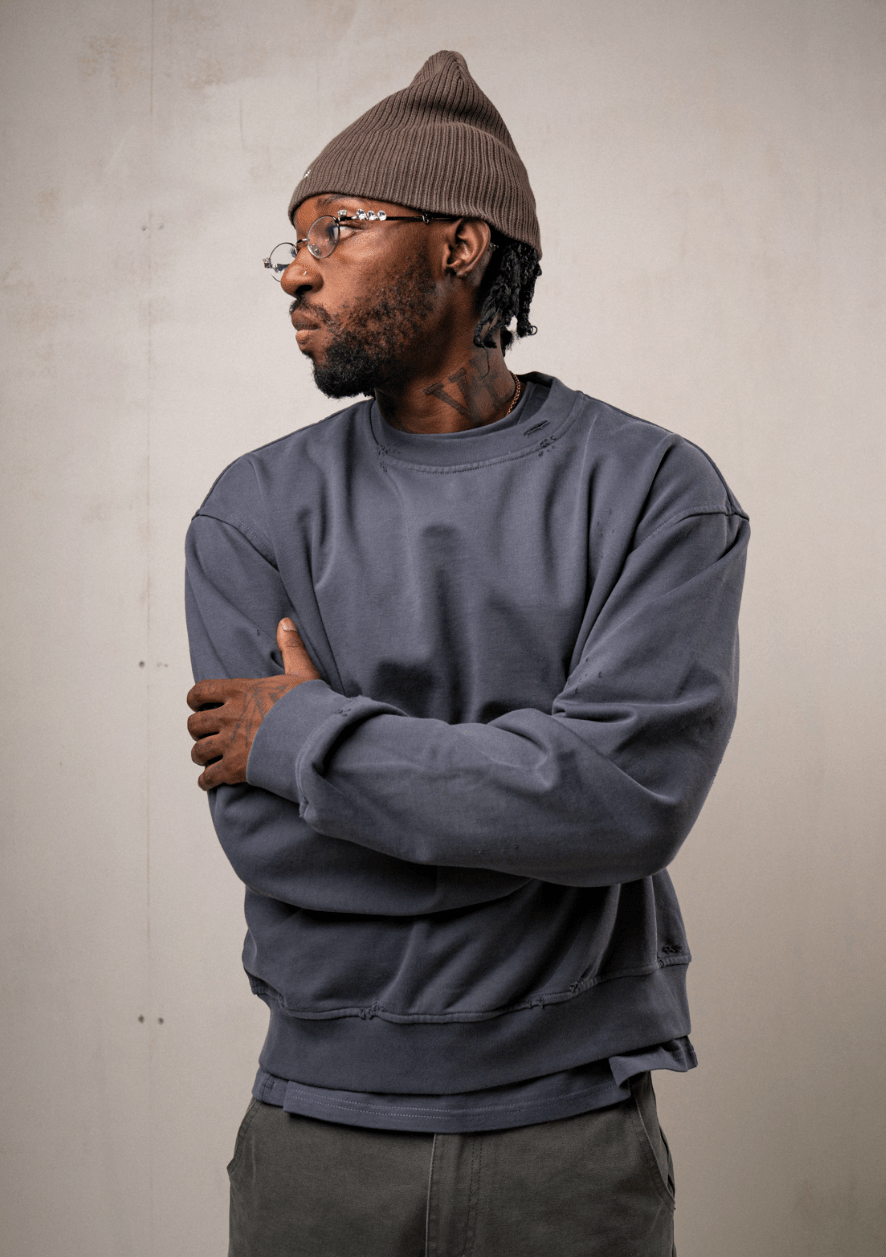 Distressed survival crewneck (Dusty blue) - WHITE COFFEE