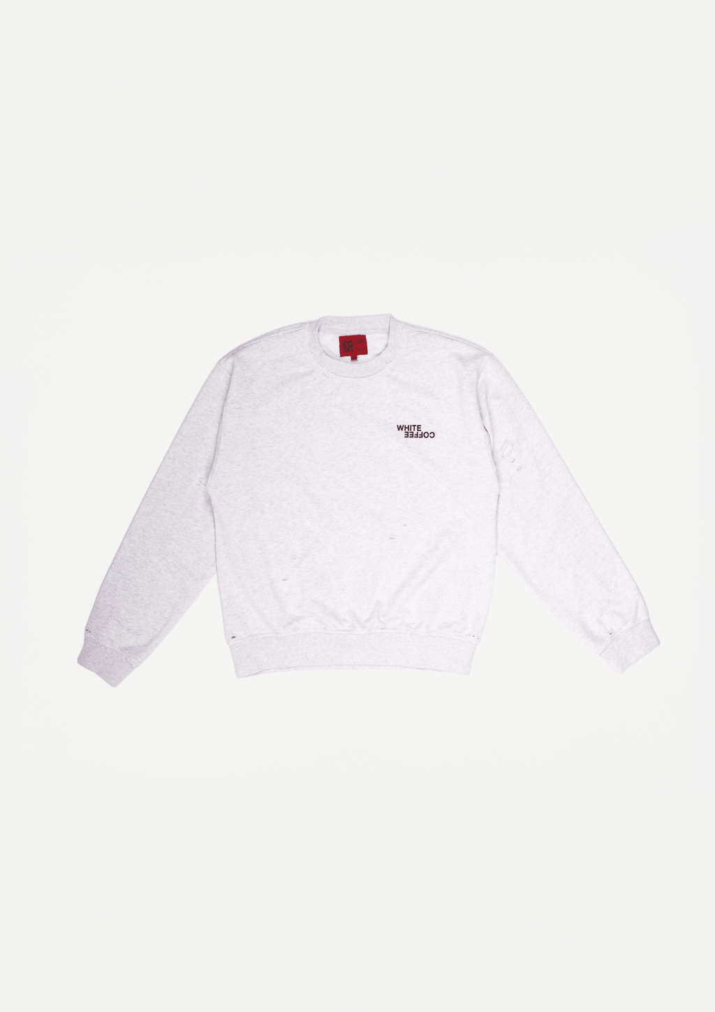 Light grey crewneck sweatshirt with small chest logo and red neck label