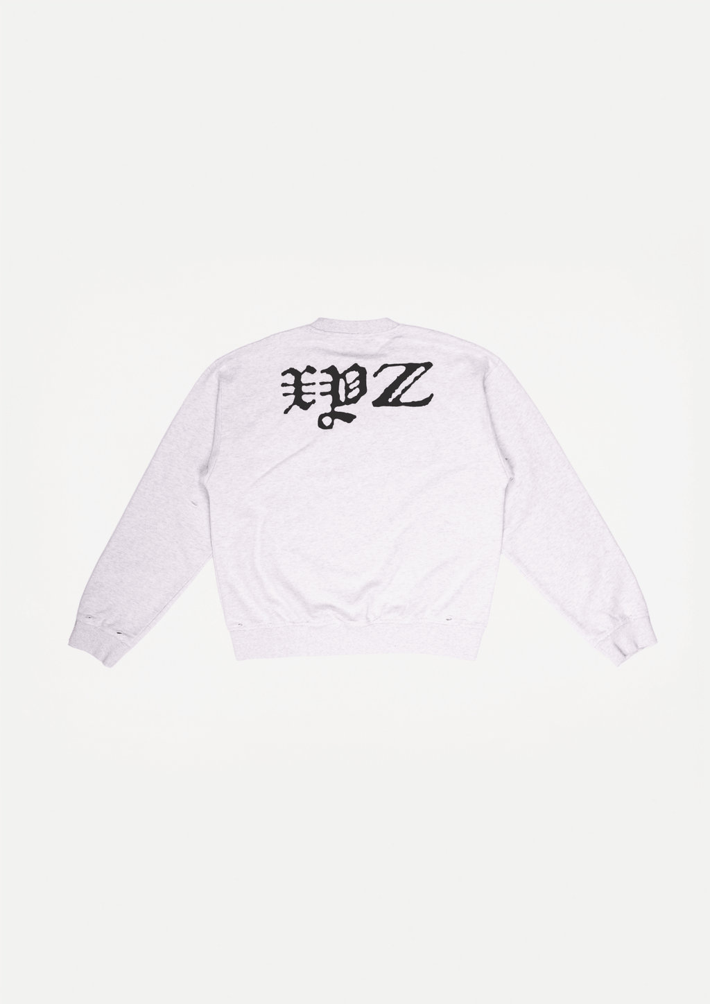 Light grey distressed crewneck sweatshirt with large back graphic print