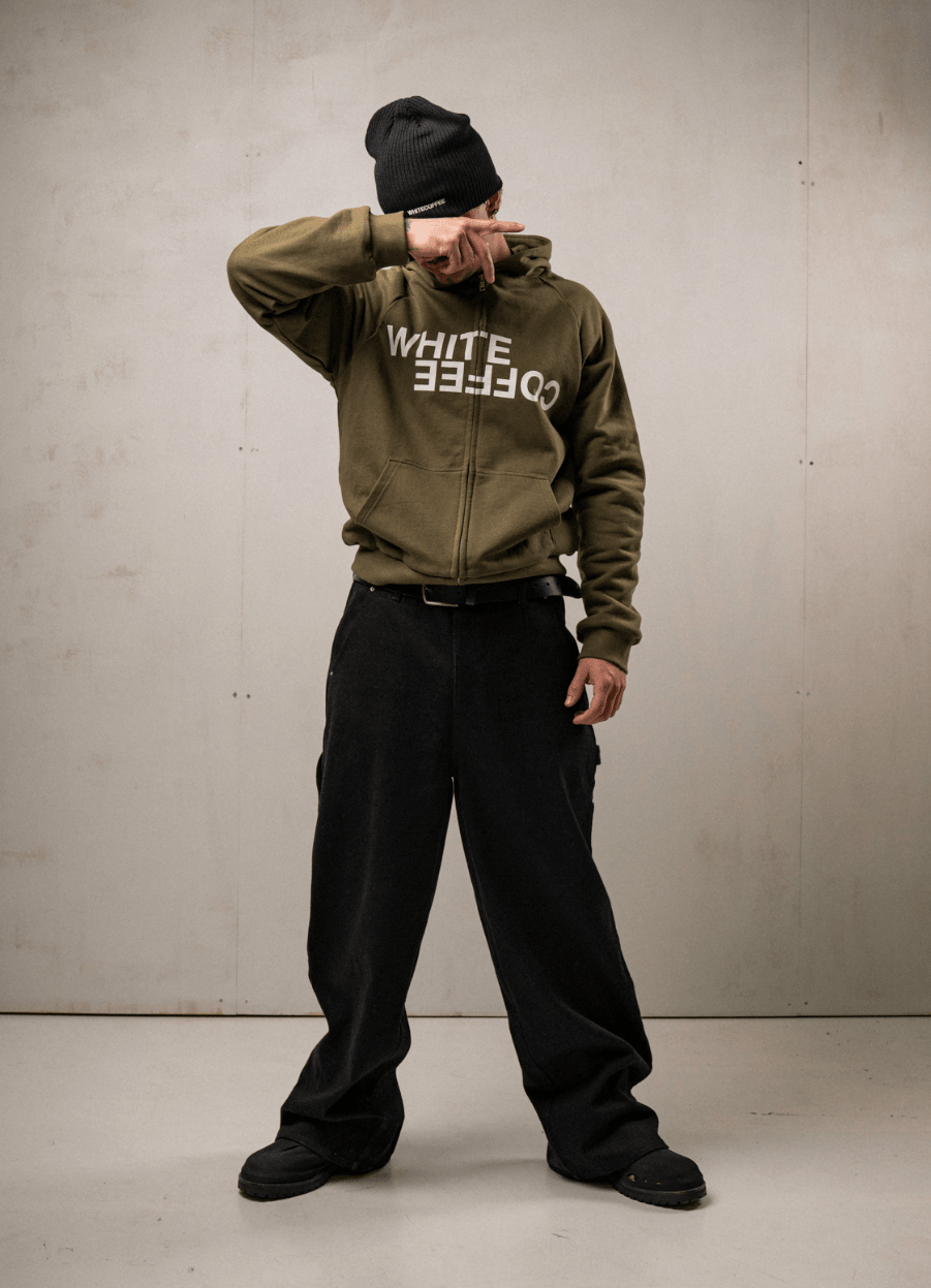 Double layer zip hoodie (Army) - WHITE COFFEE