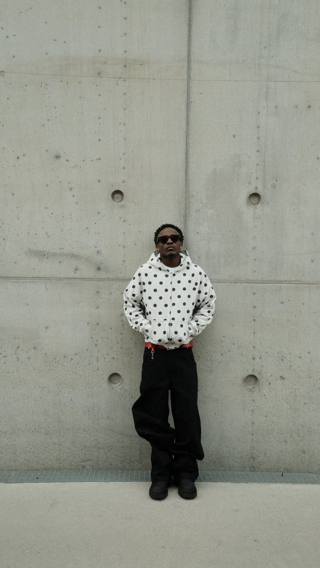 Double layer zip hoodie (Grey melange/Polka) - White Coffee