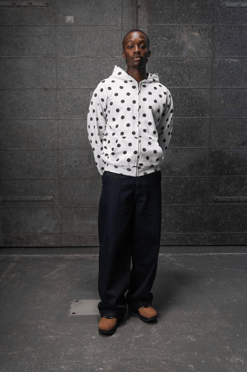 Double layer zip hoodie (Grey melange/Polka) - White Coffee