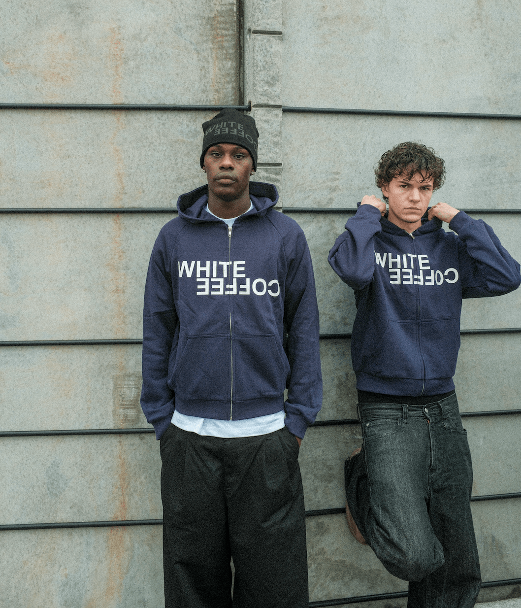 Double layer zip hoodie (Navy) - White Coffee