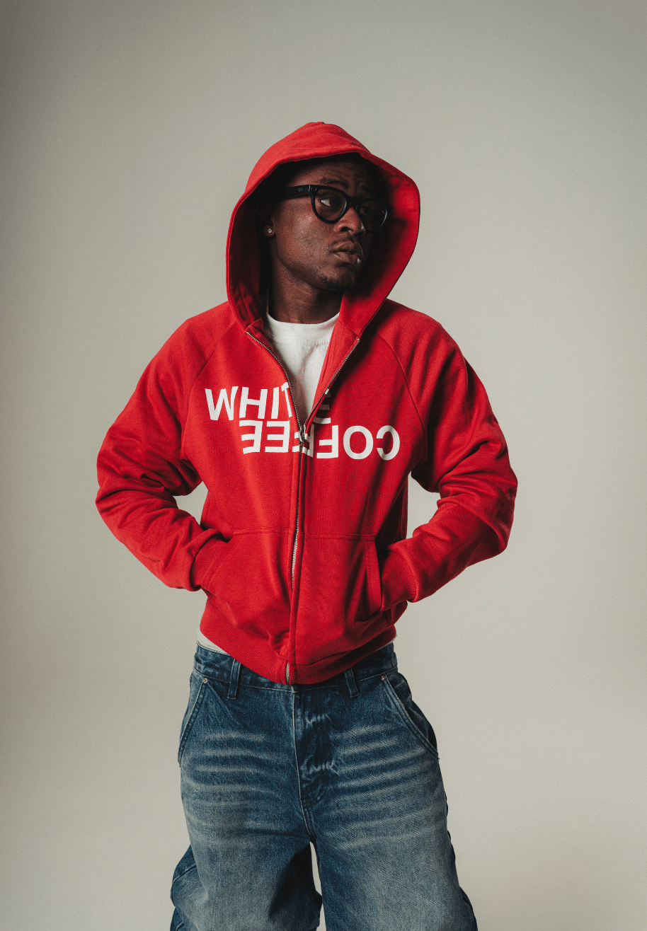 Double layer zip hoodie (Red) - White Coffee