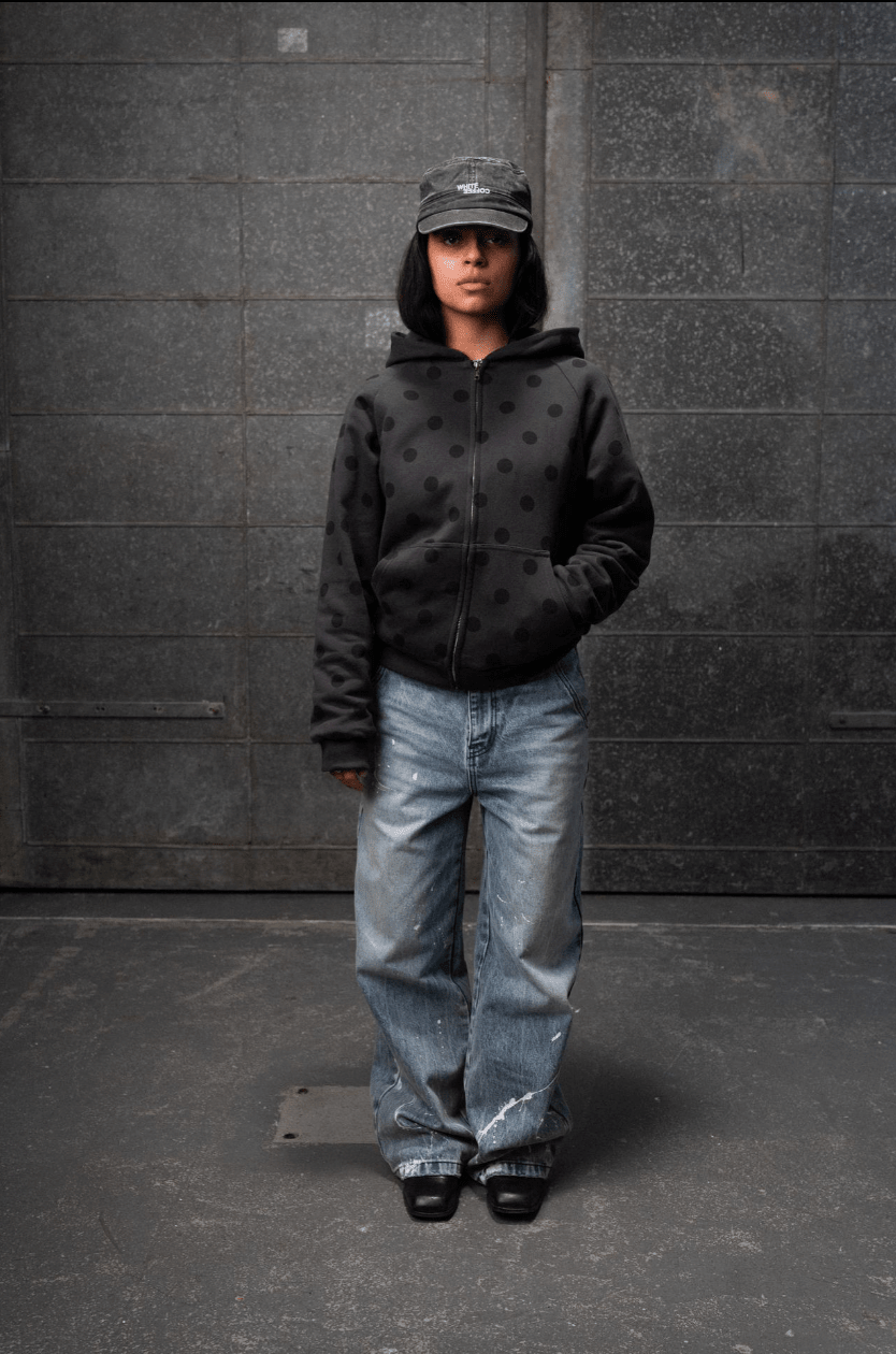 Double layer zip hoodie (Slate grey/Polka) - White Coffee