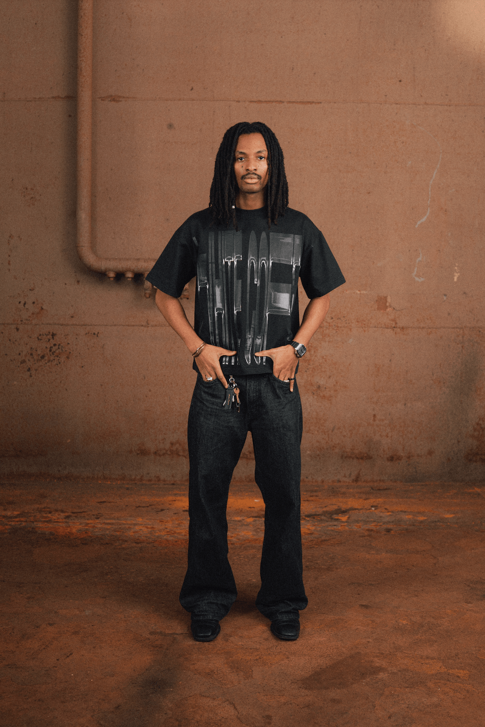 Front stretch T-Shirt (Black/Dark Chrome) - White Coffee