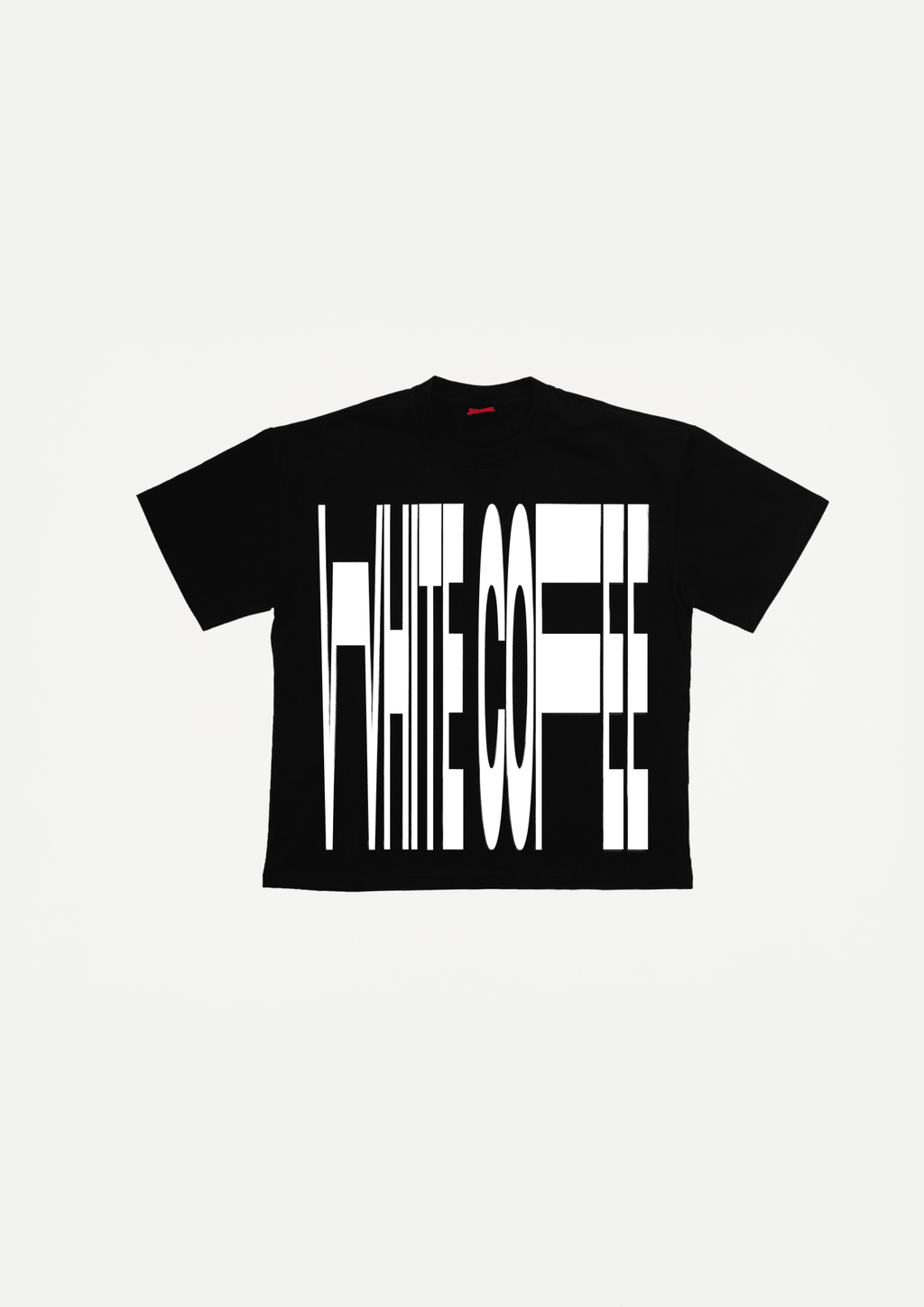 Black front-stretch T-shirt with large white graphic lettering on the front