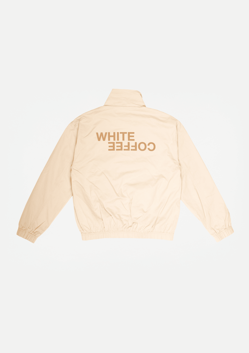 Beige funnel-neck jacket with full zipper and ribbed cuffs