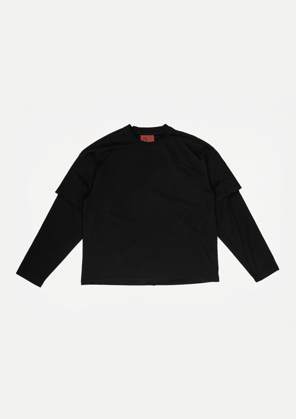 Black hybrid long-sleeve t-shirt, plain front with small neck label