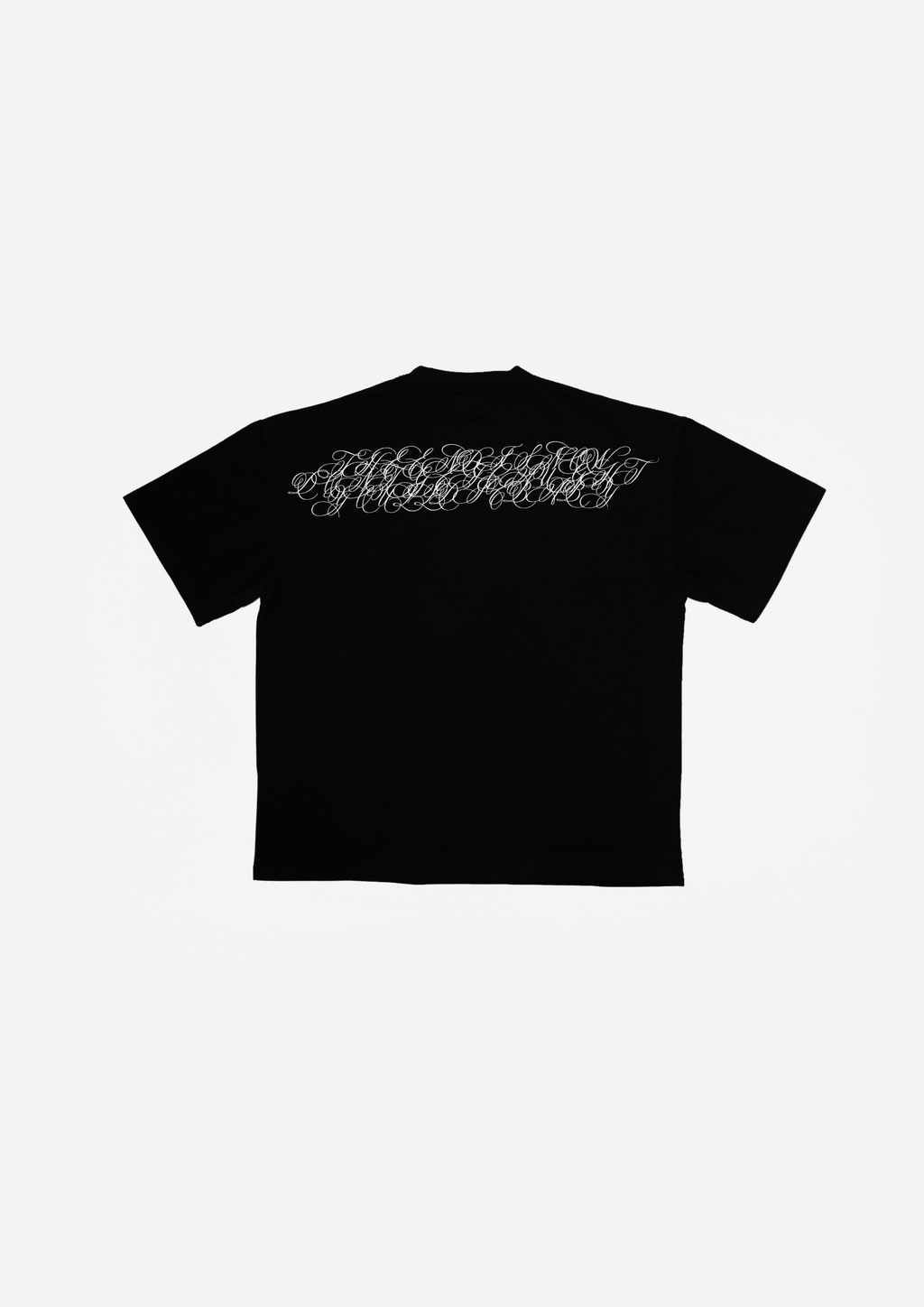Black t-shirt with large script graphic on back, crew neck