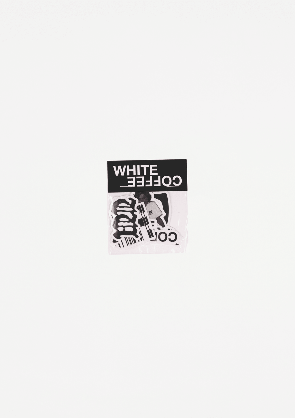 Square black-and-white coffee logo sticker decal with illustrated figure and text