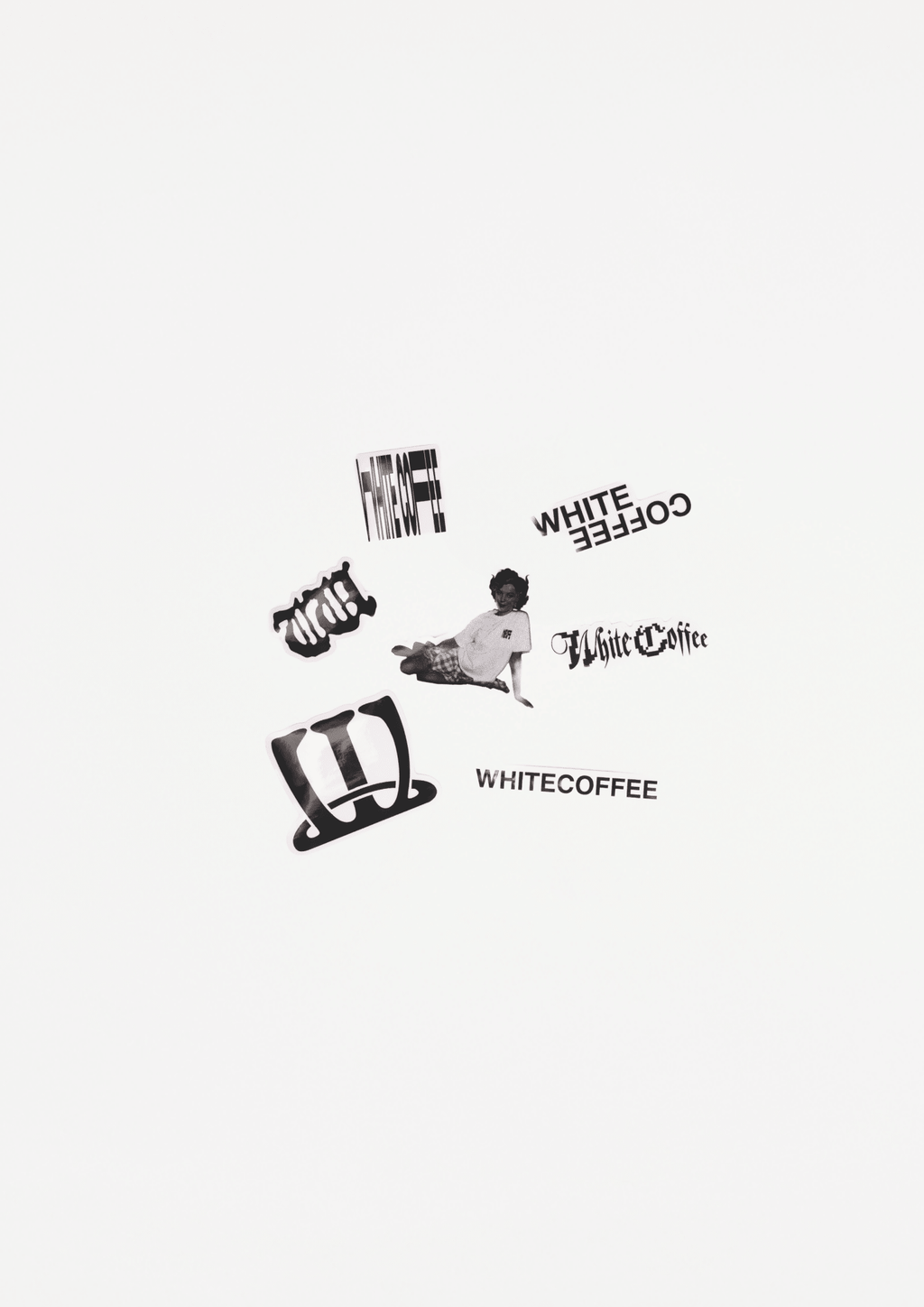 Sticker pack of black-and-white coffee logo decals with multiple typographic designs