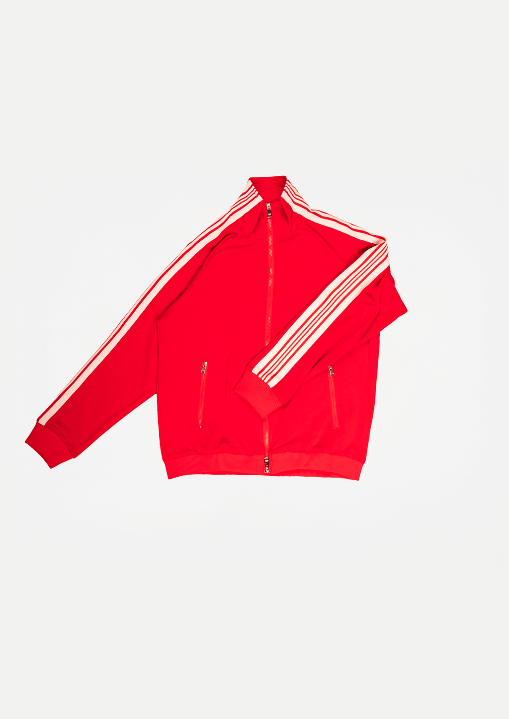 Red track jacket with white triple-striped sleeves, full-zip front, stand collar
