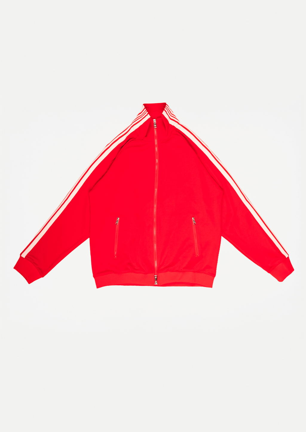 Red track jacket with white striped shoulders and sleeves, full-zip, stand collar