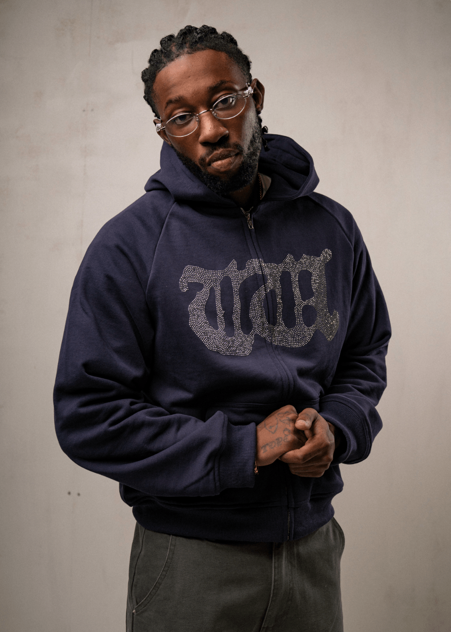 WC double layer zip hoodie (Navy/Rhinestone) - WHITE COFFEE