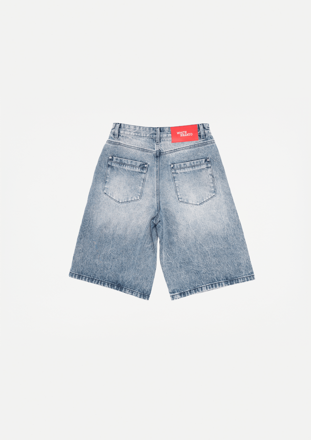 Wide blue denim shorts with five-pocket styling and heavy used wash