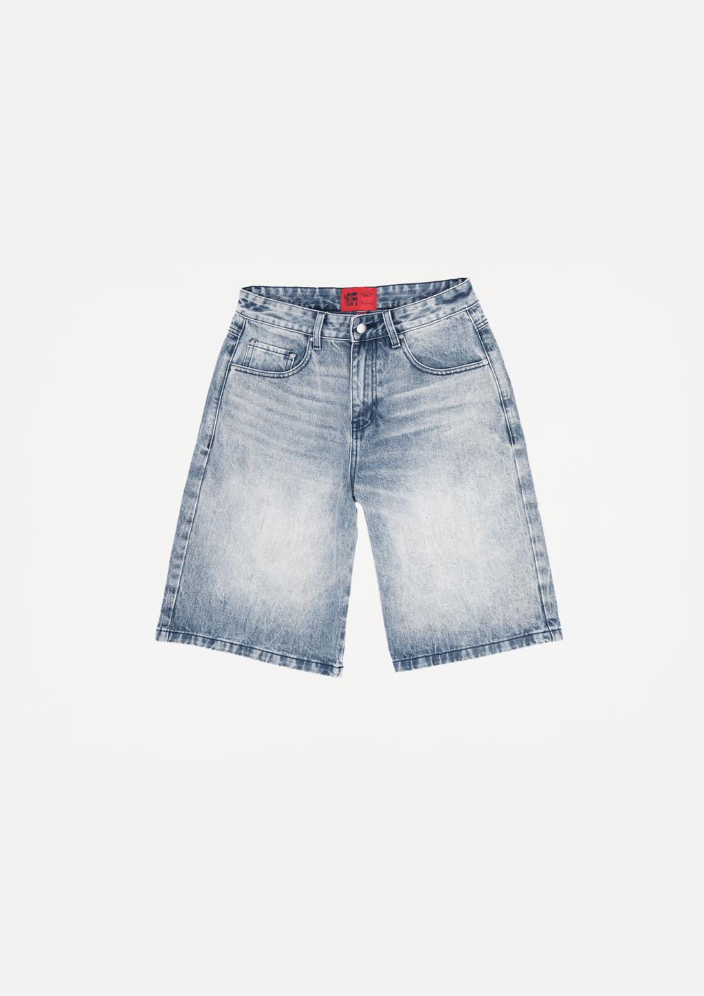 Wide blue denim shorts with heavy used wash, button fly, belt loops