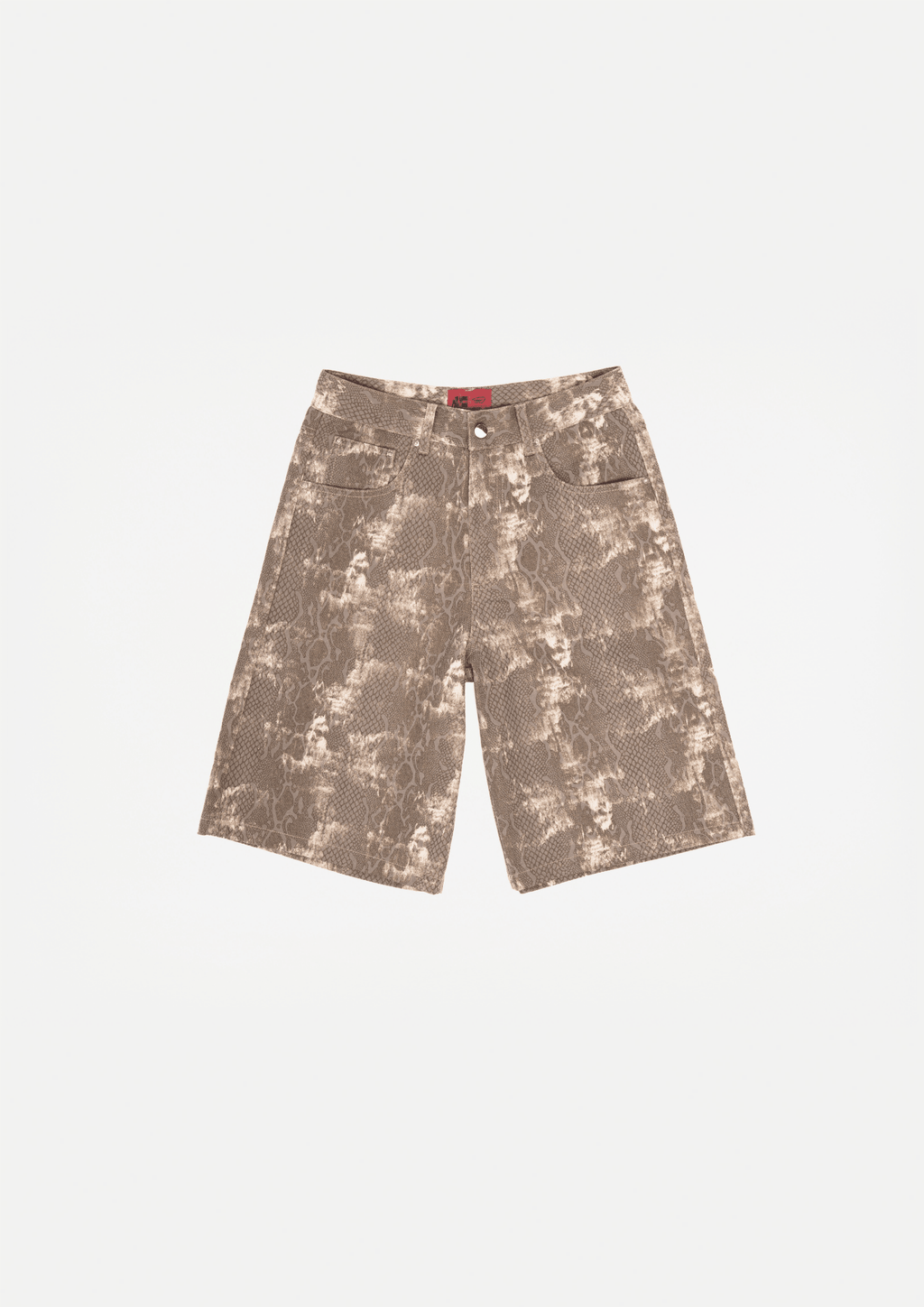 Snake-print wide denim shorts, taupe and cream, straight wide legs, front button