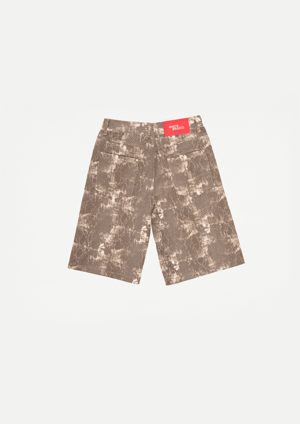 Wide denim shorts with snake print, brown and beige, button-front, relaxed wide leg