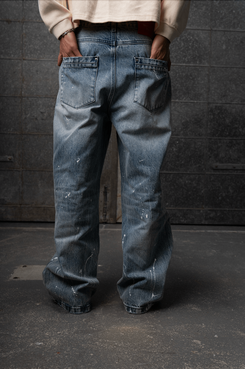 Wide paint denim jeans (Blue heavy used wash) - White Coffee