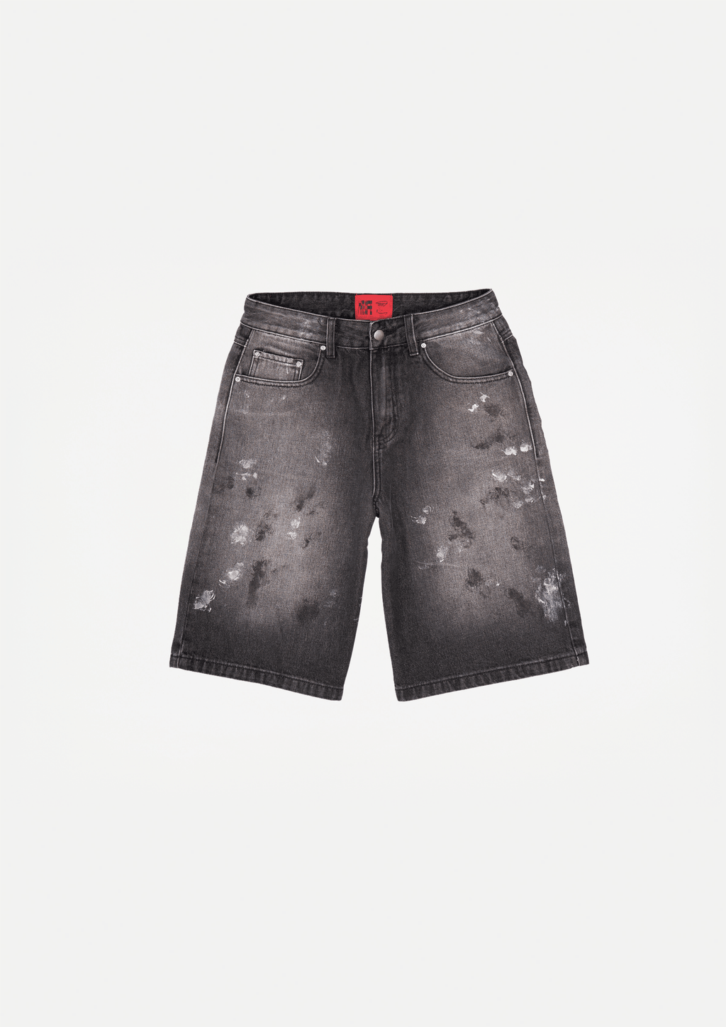 Black used-wash wide denim shorts with paint stains, belt loops, button closure