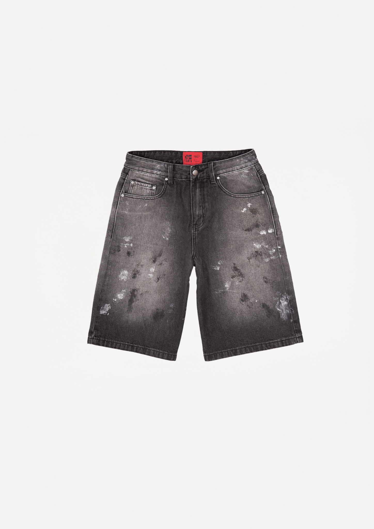Wide paint denim shorts (Black used wash) - White Coffee