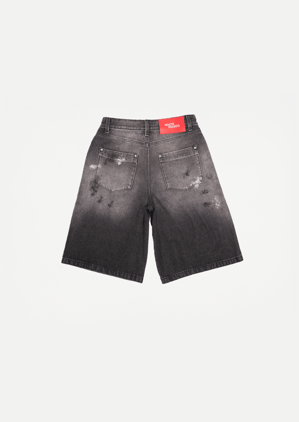 Wide black denim shorts with paint-wash effect, button fly, five-pocket design